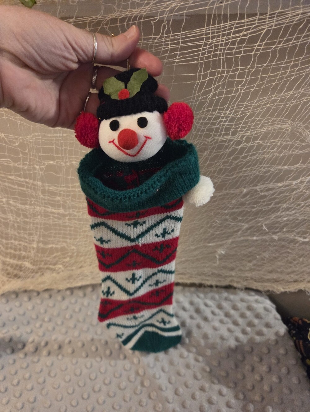 Small vintage snowman head topped Christmas stocking